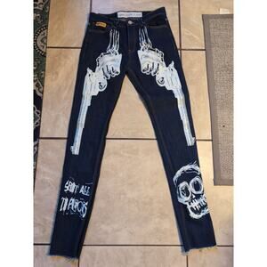 Brand X Graphic Skinny Jeans Skeleton Guns Skull Size 30